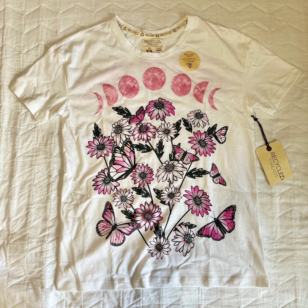 Recycled Threads Pink and White Moon Phase Floral Tee